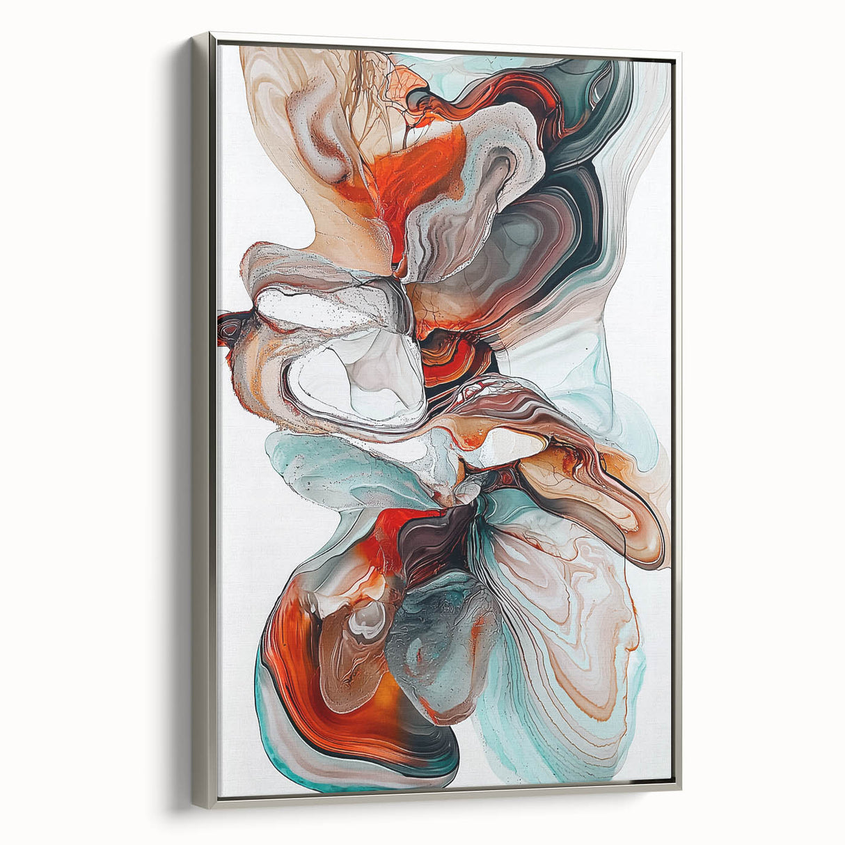 Framed minimalist abstract canvas artwork in silver, showcasing a sleek side view that highlights its elegant design and modern aesthetic, ideal for contemporary decor.