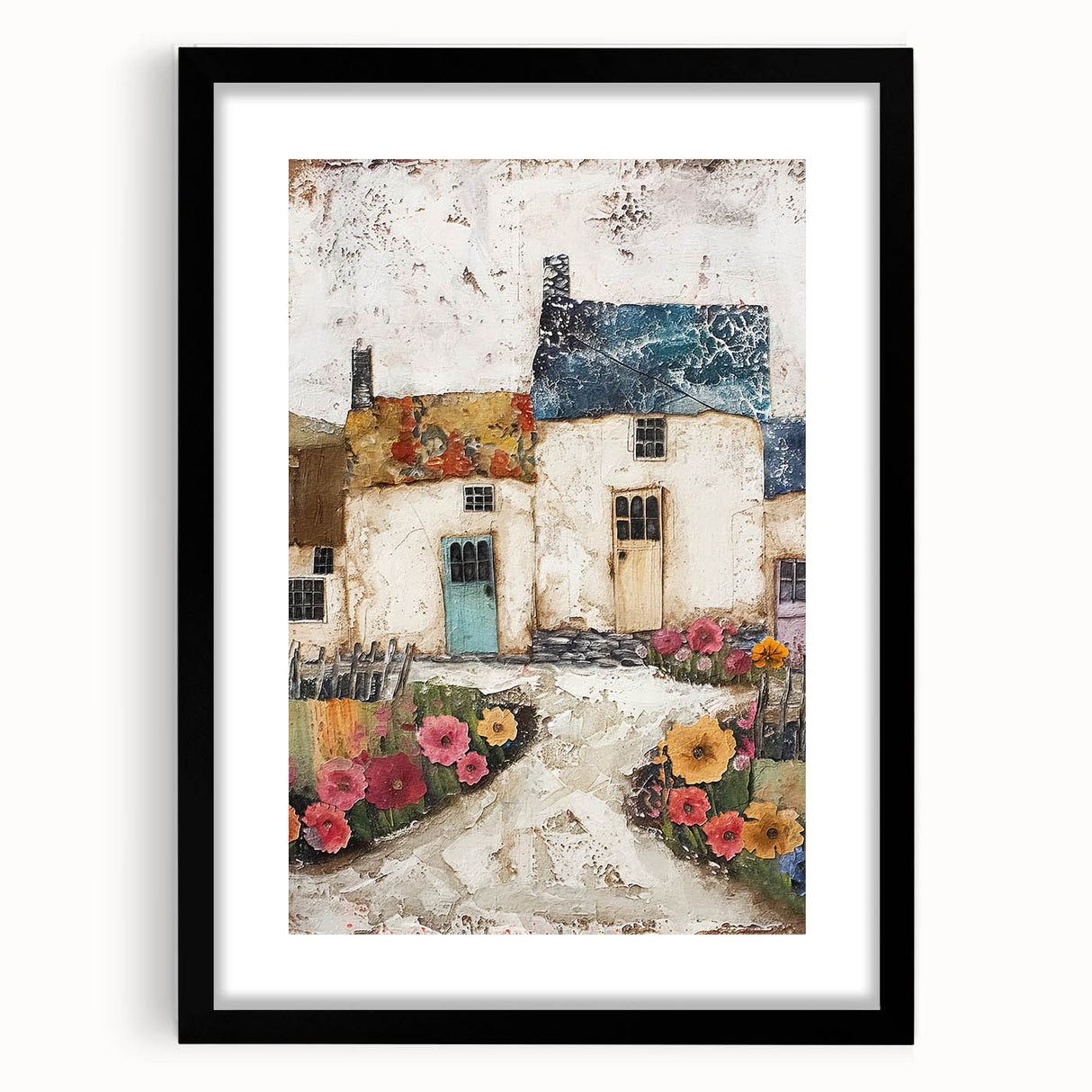 Abstract architectural wall art framed with a black mat, showcasing intricate geometric patterns and modern design elements, ideal for contemporary decor.