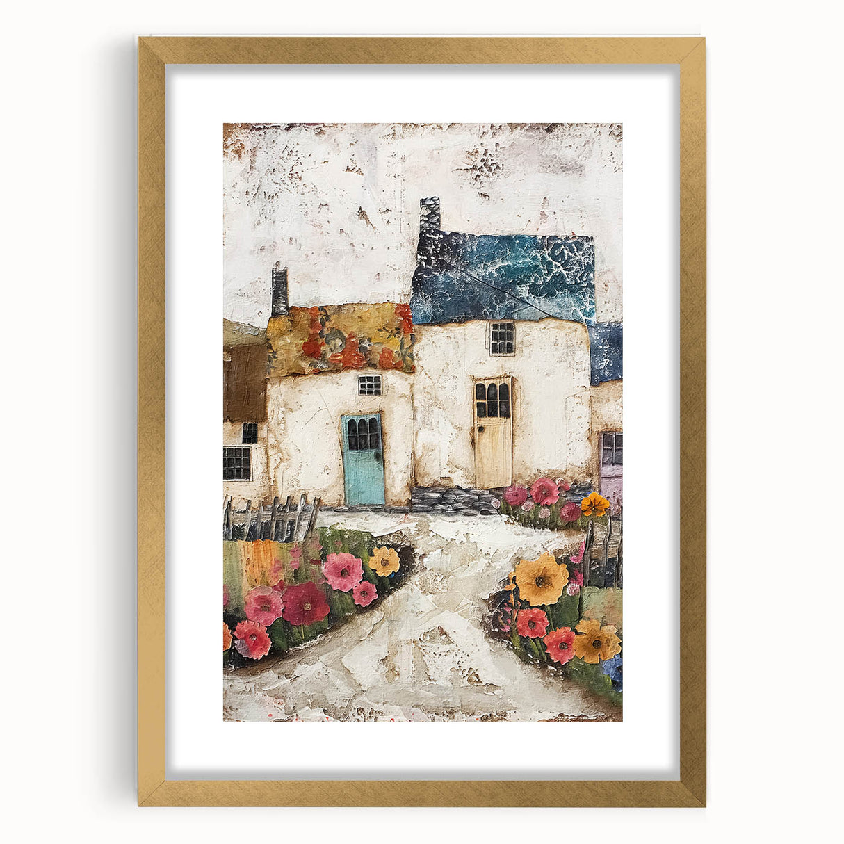 Abstract architectural wall art framed with a gold mat, showcasing geometric shapes and lines in a modern design, perfect for contemporary home decor.