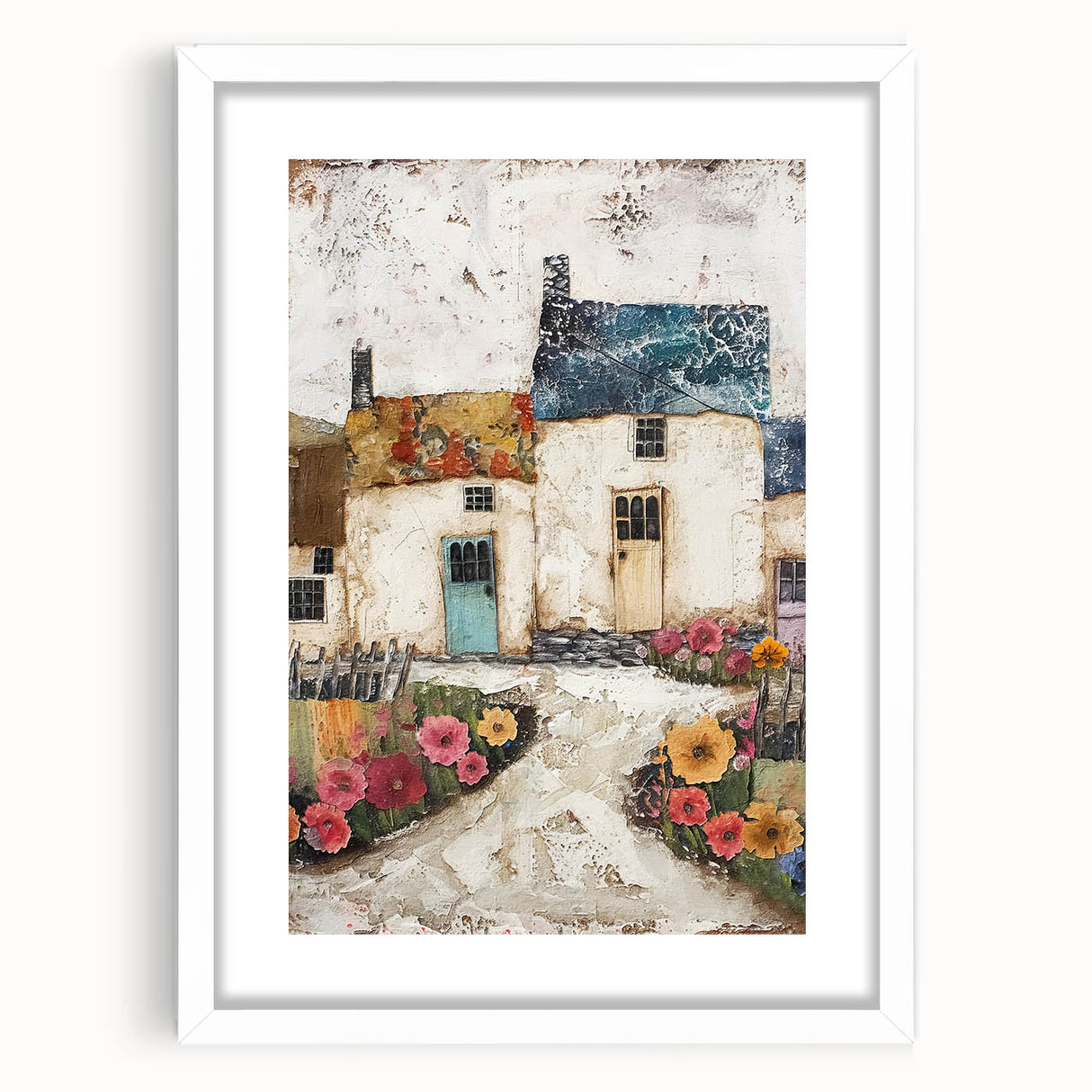 Abstract architectural wall art framed in white with a mat, showcasing geometric shapes and bold colors, perfect for modern home decor.