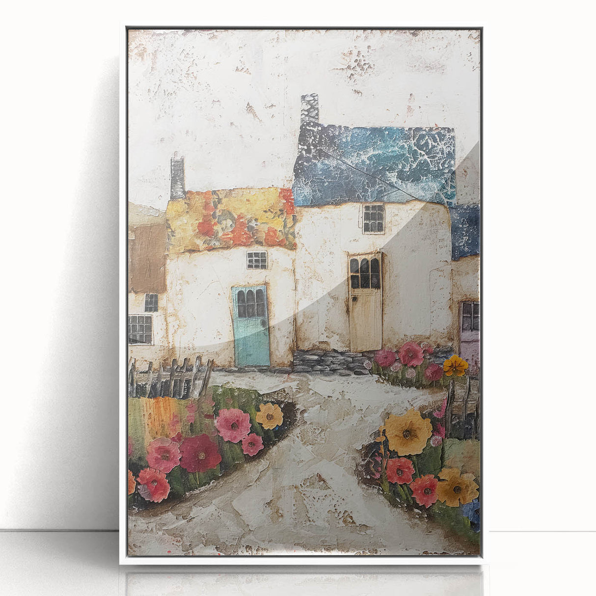 Framed abstract architecture wall art showcasing geometric shapes in shades of white and grey, designed for modern interiors, with a sleek acrylic finish.