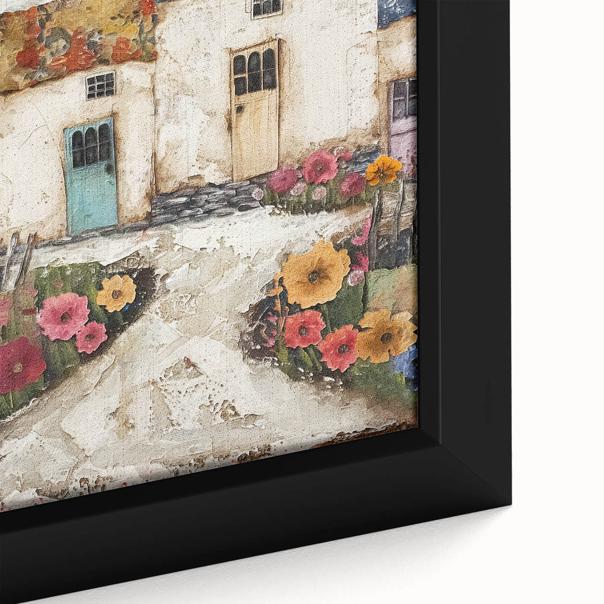 Close-up of a framed abstract architecture wall art piece, showcasing vibrant geometric patterns and a textured surface, perfect for modern interior decor.