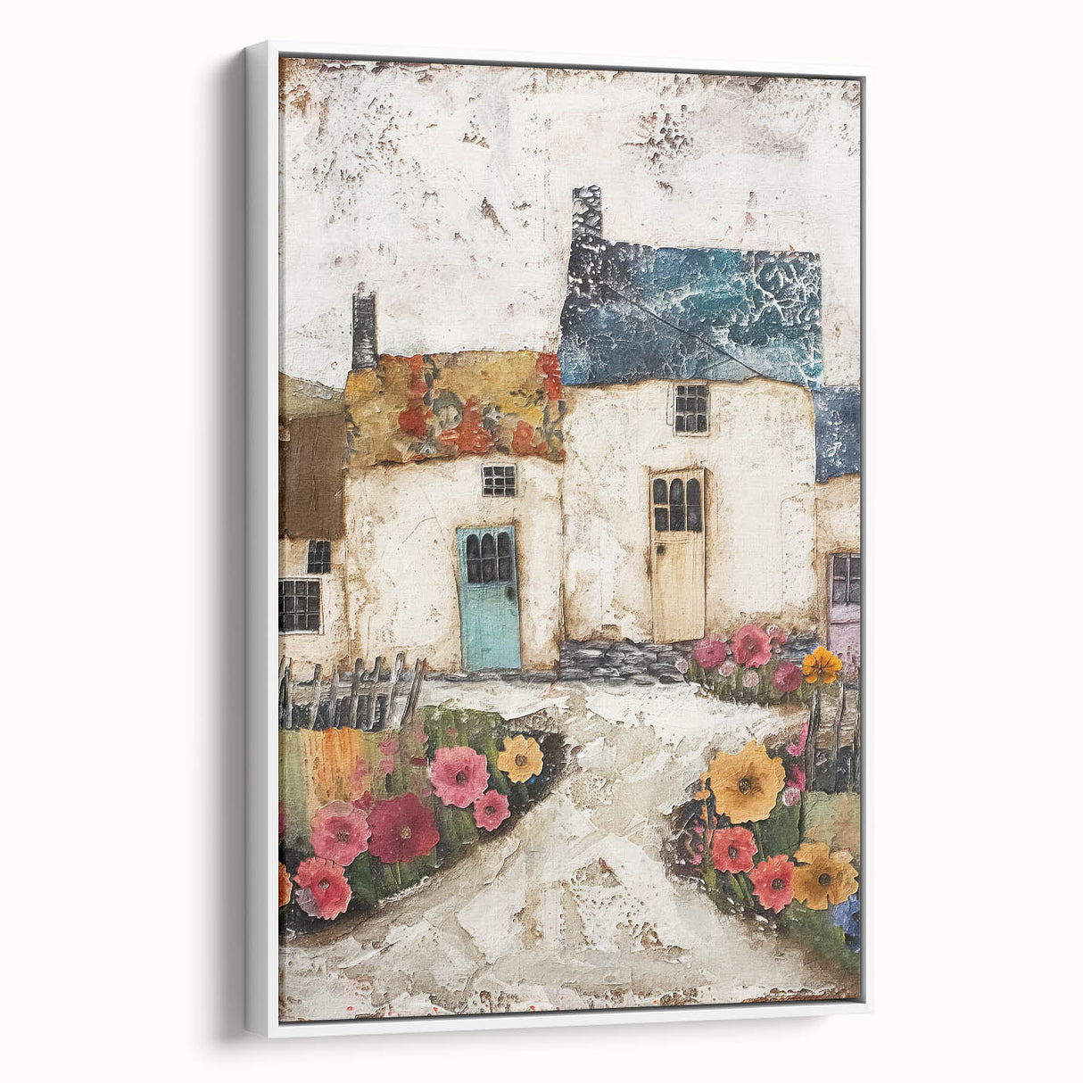 Framed abstract architecture wall art in a sleek white frame, showcasing geometric patterns and muted colors, perfect for modern home decor.