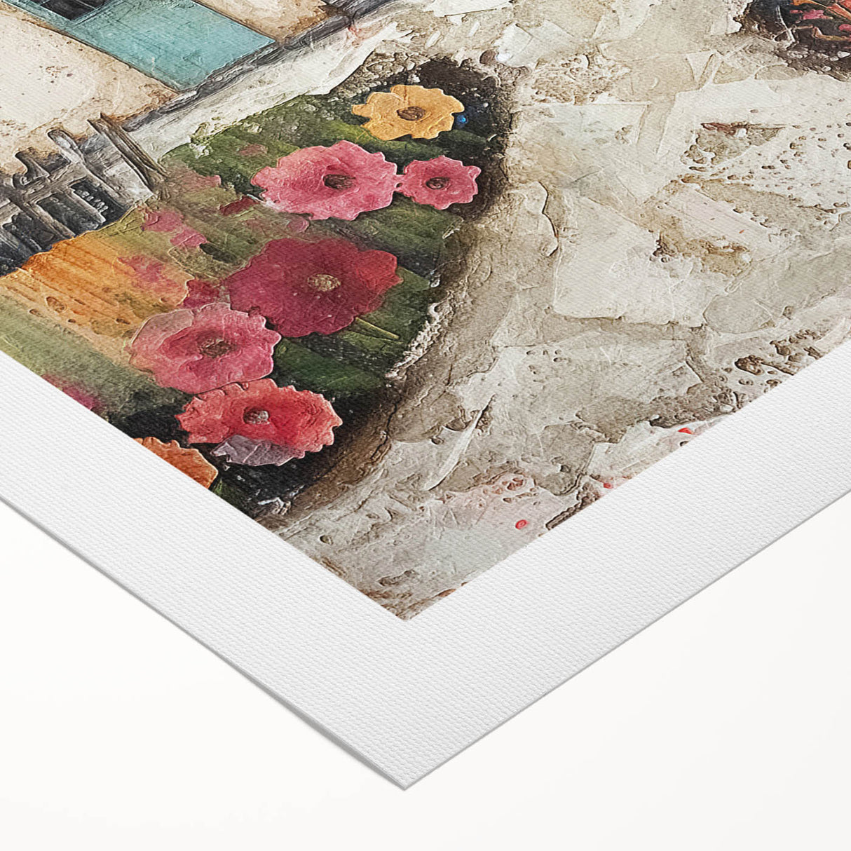 Abstract architecture wall art on rolled canvas, showcasing geometric shapes in blue and gold hues, ideal for modern decor. Perfectly packaged for easy display.