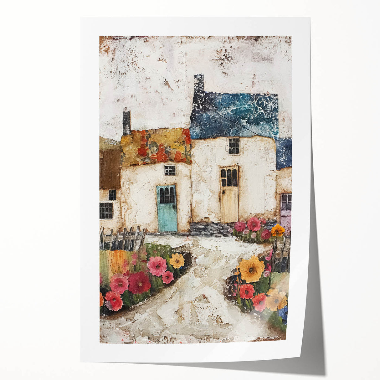 Abstract architectural wall art print featuring geometric shapes in muted tones of blue, gray, and white, presented in a rolled format for easy display. Perfect for modern home decor enthusiasts seeking a unique and stylish accent piece.