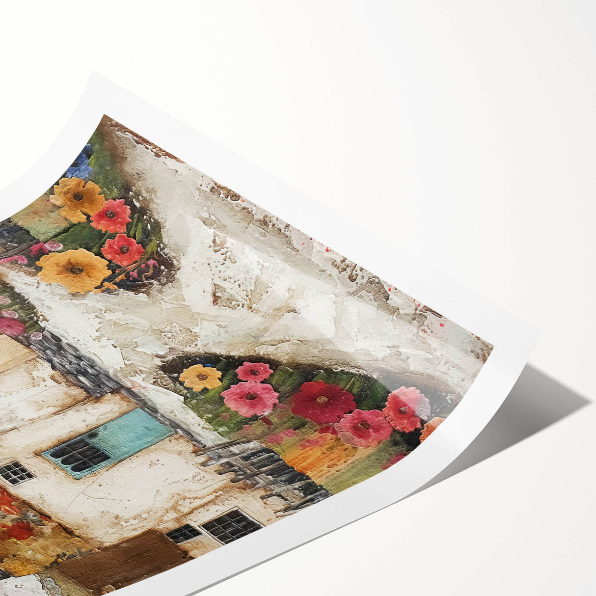 Abstract architectural wall art print showcasing geometric shapes in vibrant colors of blue, yellow, and orange, rolled and ready for framing. Ideal for modern decor.