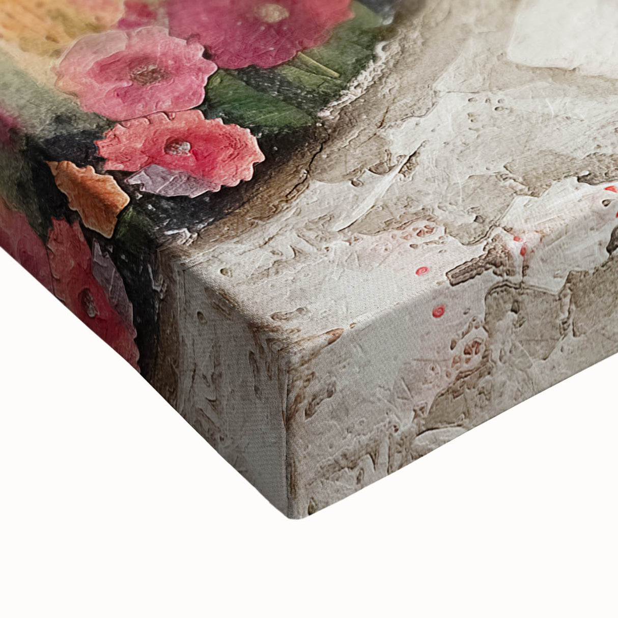 Close-up of a stretched canvas featuring abstract architectural wall art, showcasing intricate geometric patterns in vibrant colors, ideal for modern home decor.