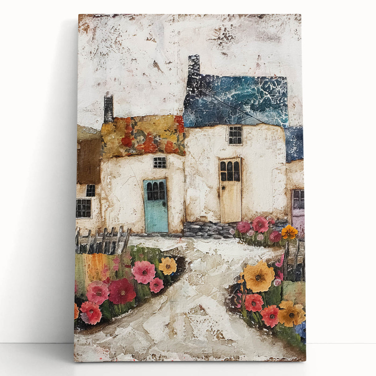 Abstract architecture wall art on stretched canvas, showcasing bold geometric shapes and a vibrant color palette, perfect for modern home decor.