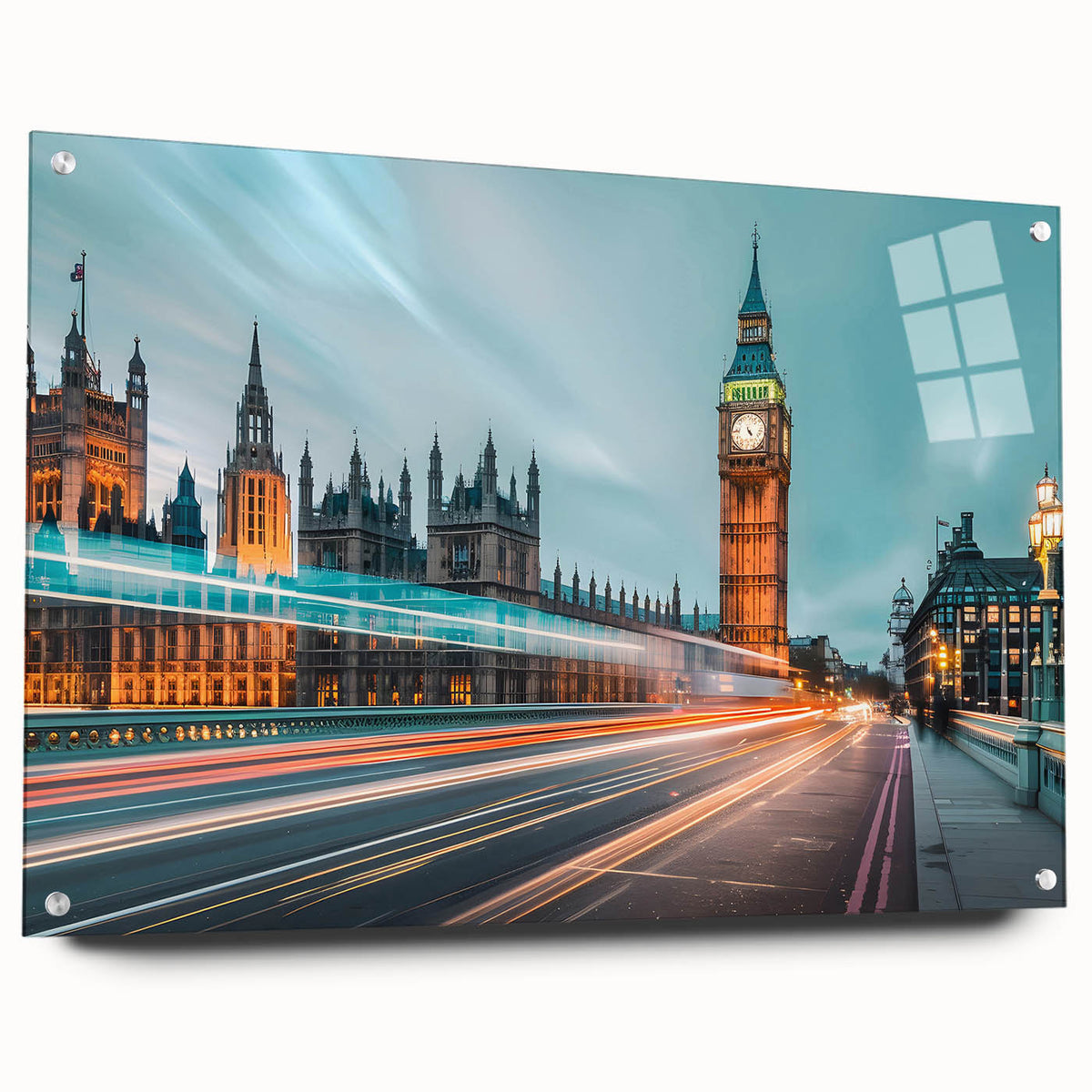 Acrylic print of London skyline in muted gray and blue tones, ideal for dining room decor.