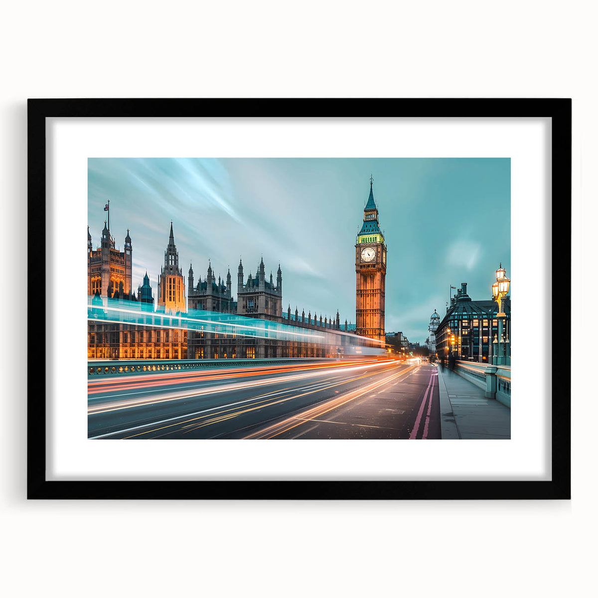 Extra large abstract art print of colorful, textured London scenery on a black framed canvas, ideal for living room decor.