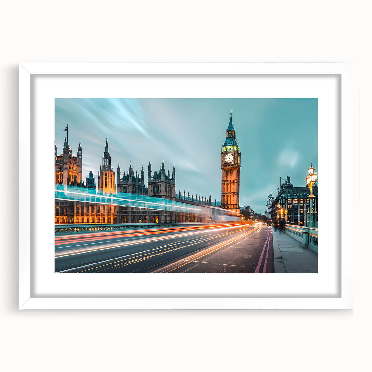 Textured abstract art print depicting a London skyline in muted gray tones, framed with a white mat.