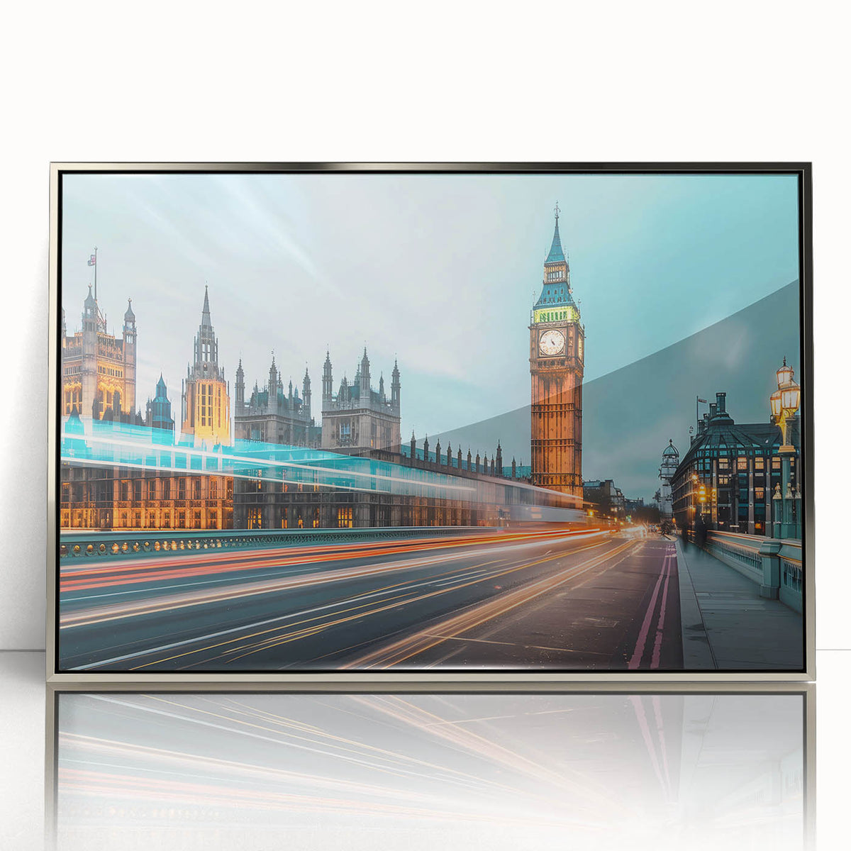 Mid-century modernist acrylic print of London skyline in muted grays and blues, framed in silver.