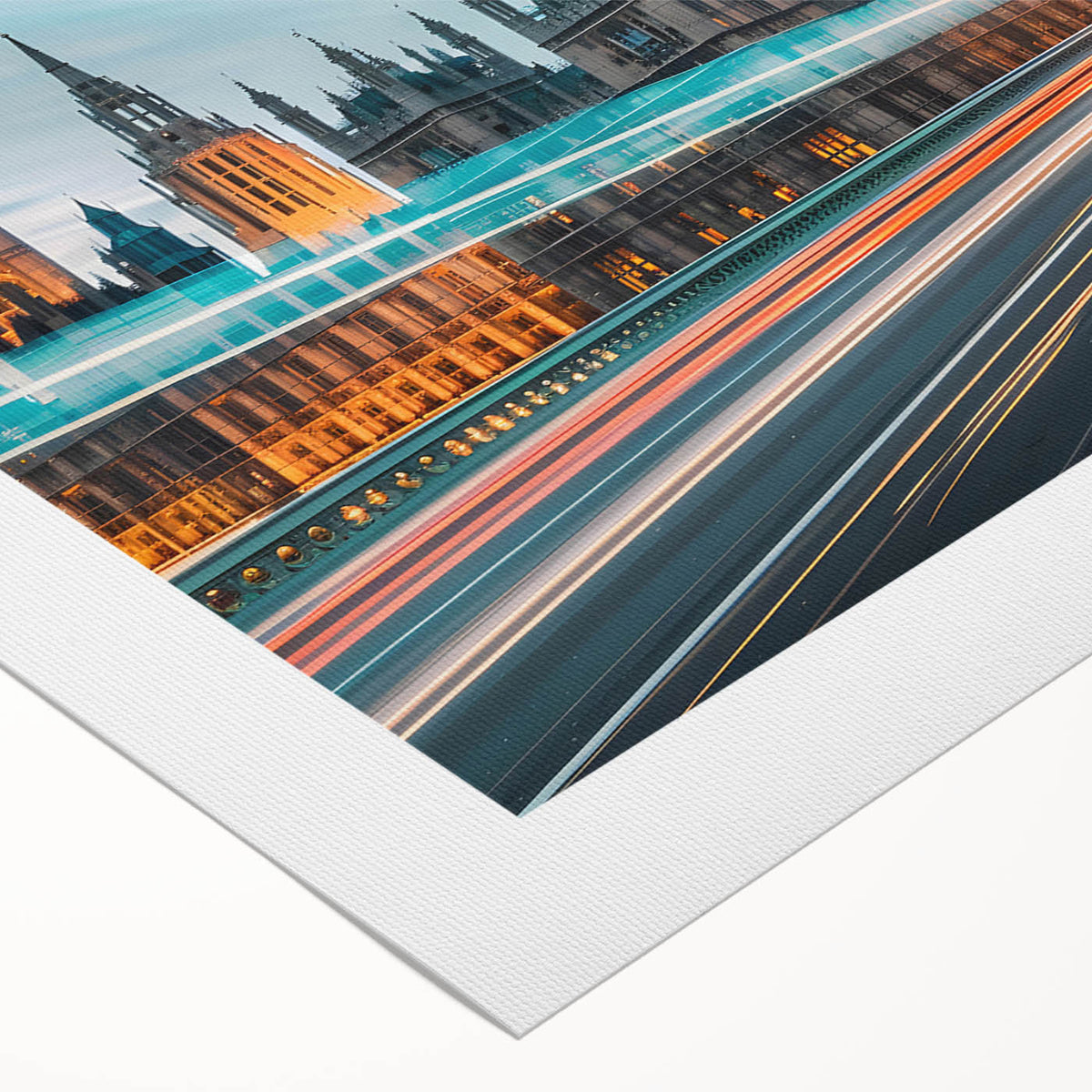 Art deco poster of London scenery on rolled canvas, featuring muted earth tones, ideal for dining room wall art.