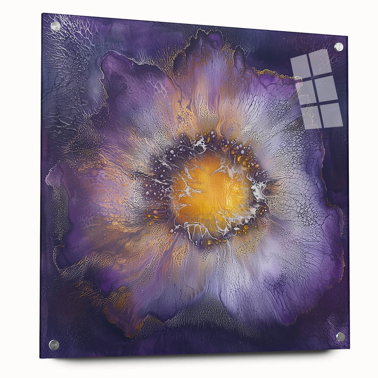 Abstract minimalist acrylic wall art displayed from the side, showcasing vibrant colors and geometric patterns, secured with stylish pins for modern decor.