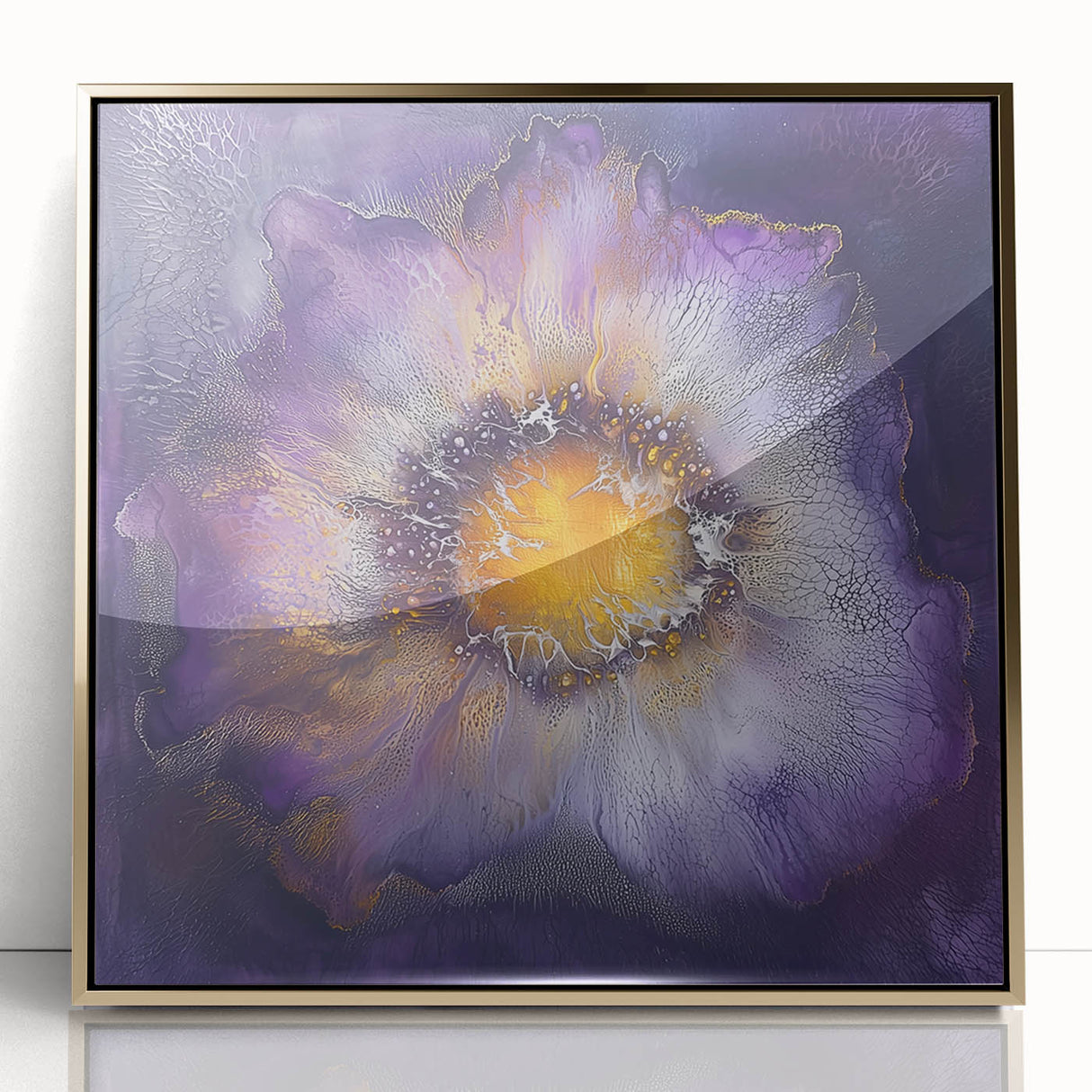 Framed minimalist abstract art piece showcasing gold accents on an acrylic surface, perfect for modern home decor. Ideal for enhancing contemporary interiors with elegance.