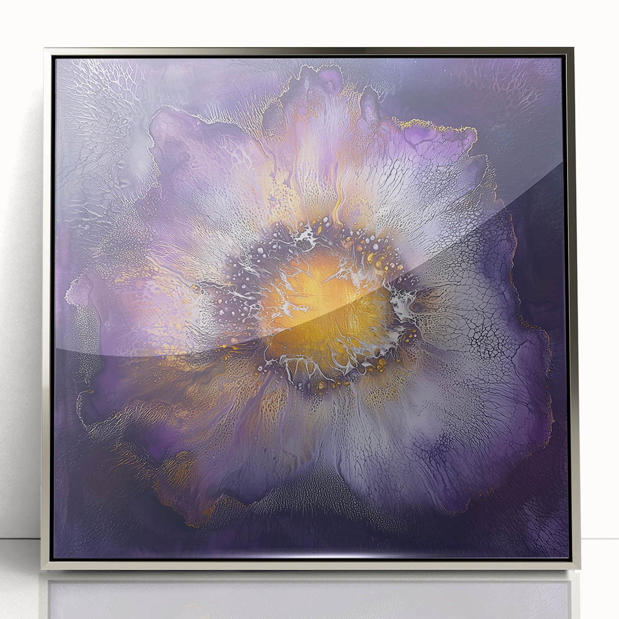 Framed minimalist abstract artwork showcasing a silver design with smooth acrylic, perfect for modern decor, displayed against a neutral background.