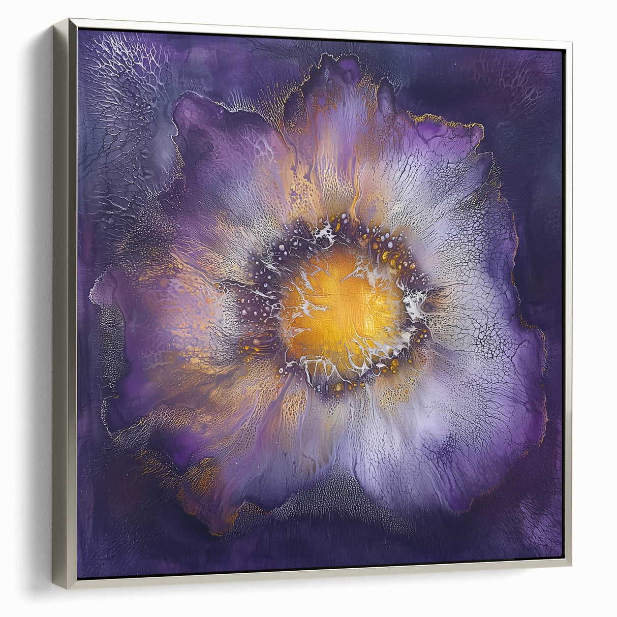 Framed minimalistic abstract canvas art in silver, showcasing a sleek side view. Perfect for modern decor, enhancing elegance in any room.