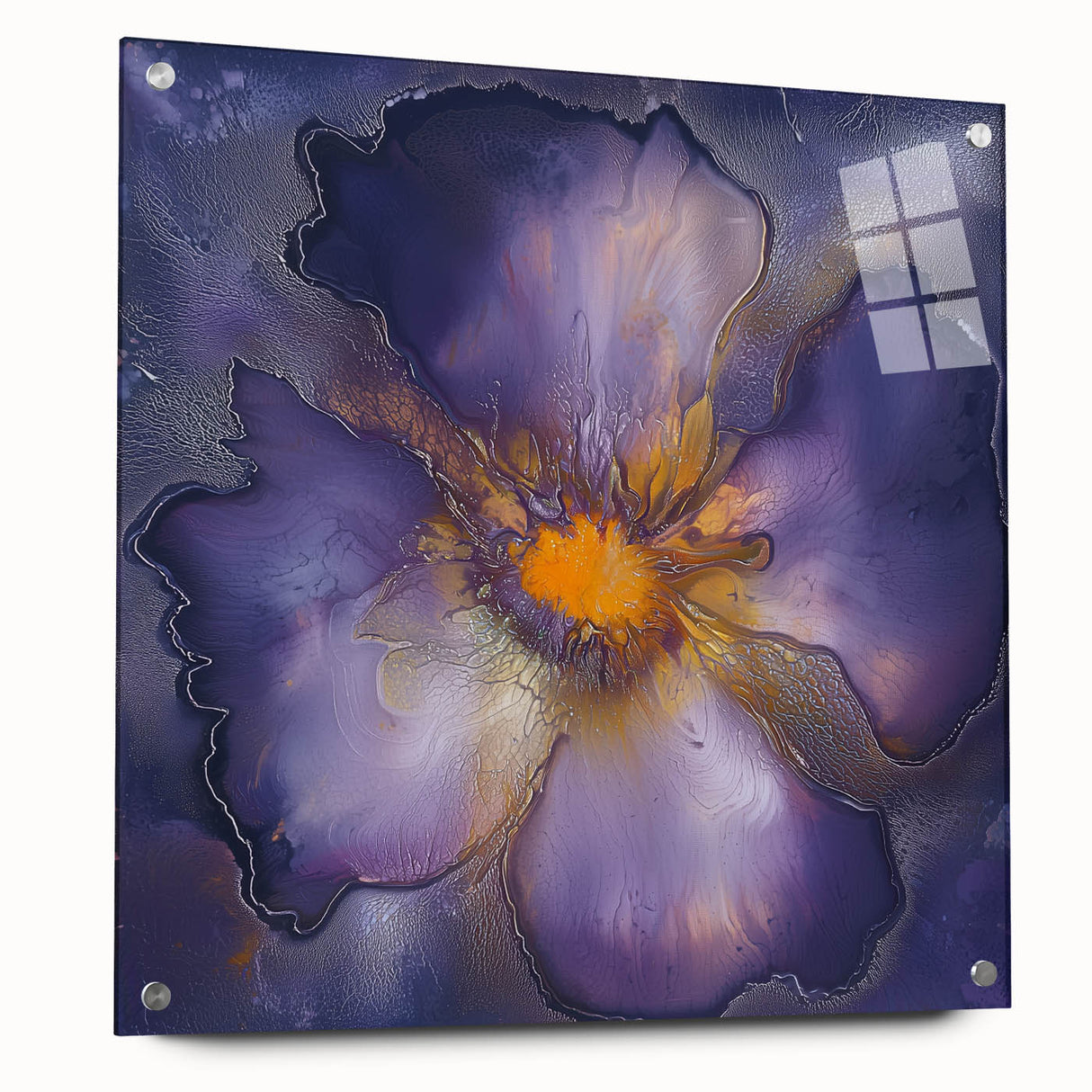 Abstract minimalist acrylic glass design in a side view, showcasing a blend of soft colors and geometric shapes, held in place with stylish pins, perfect for modern decor.