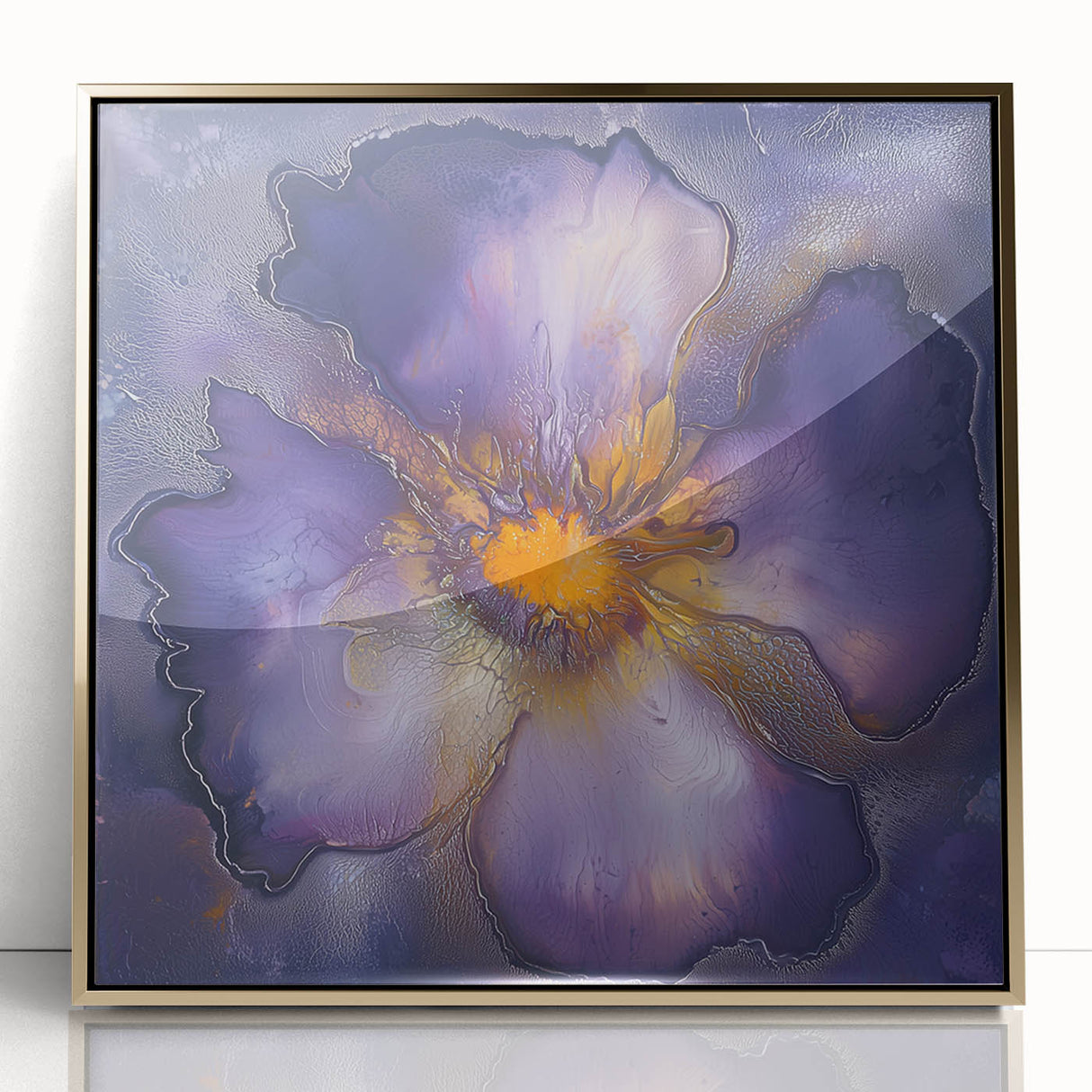 Framed minimalist abstract art piece, featuring elegant gold accents and a sleek acrylic front, ideal for modern home decor, enhancing any interior space.