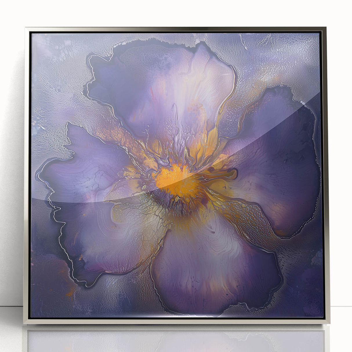 Framed acrylic artwork featuring a minimalist abstract design in silver, showcasing sleek lines and geometric shapes, ideal for modern home decor.