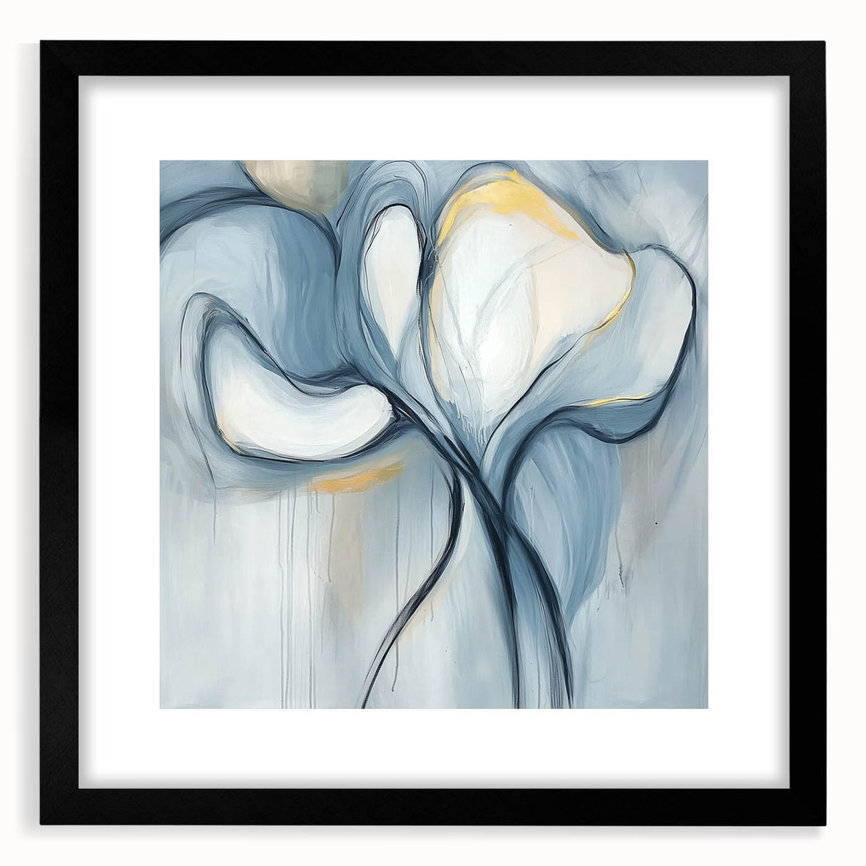 Abstract minimalist framed artwork with a black mat, showcasing geometric patterns in shades of gray and white, perfect for modern home decor and gallery walls.