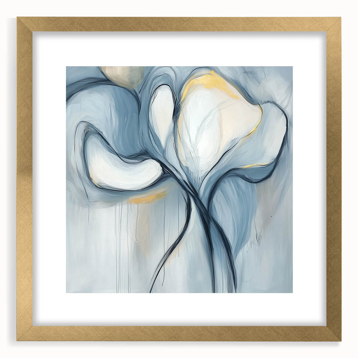 Minimalist abstract framed art piece with a gold mat, showcasing elegant design elements and a sleek front view, perfect for modern home decor.