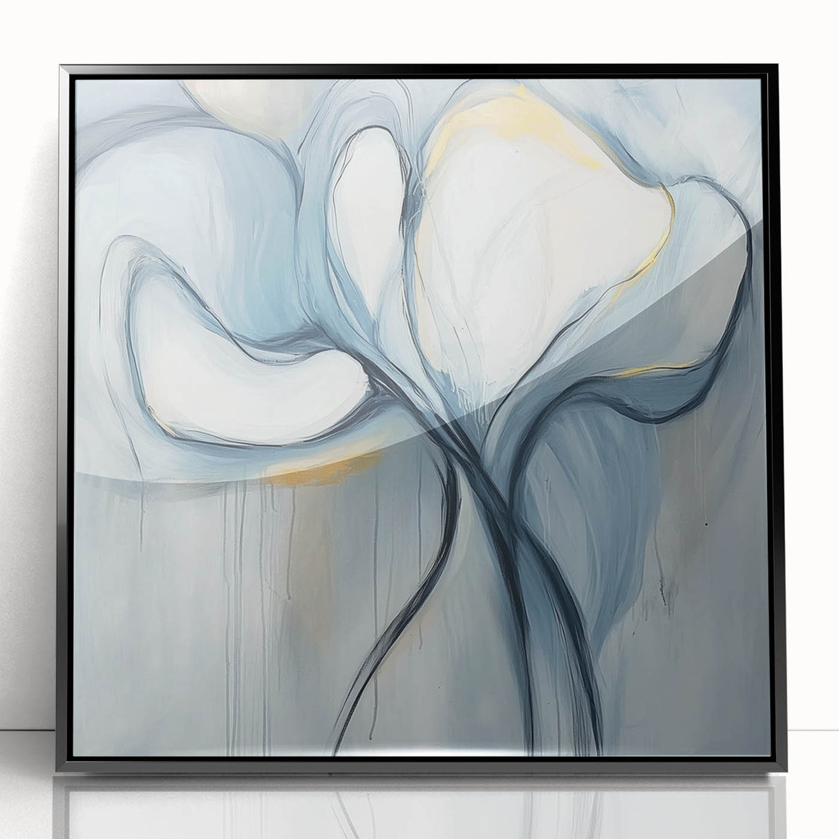 Minimalist framed acrylic wall art featuring an abstract design in black and white, showcasing geometric shapes and smooth lines, perfect for modern decor.