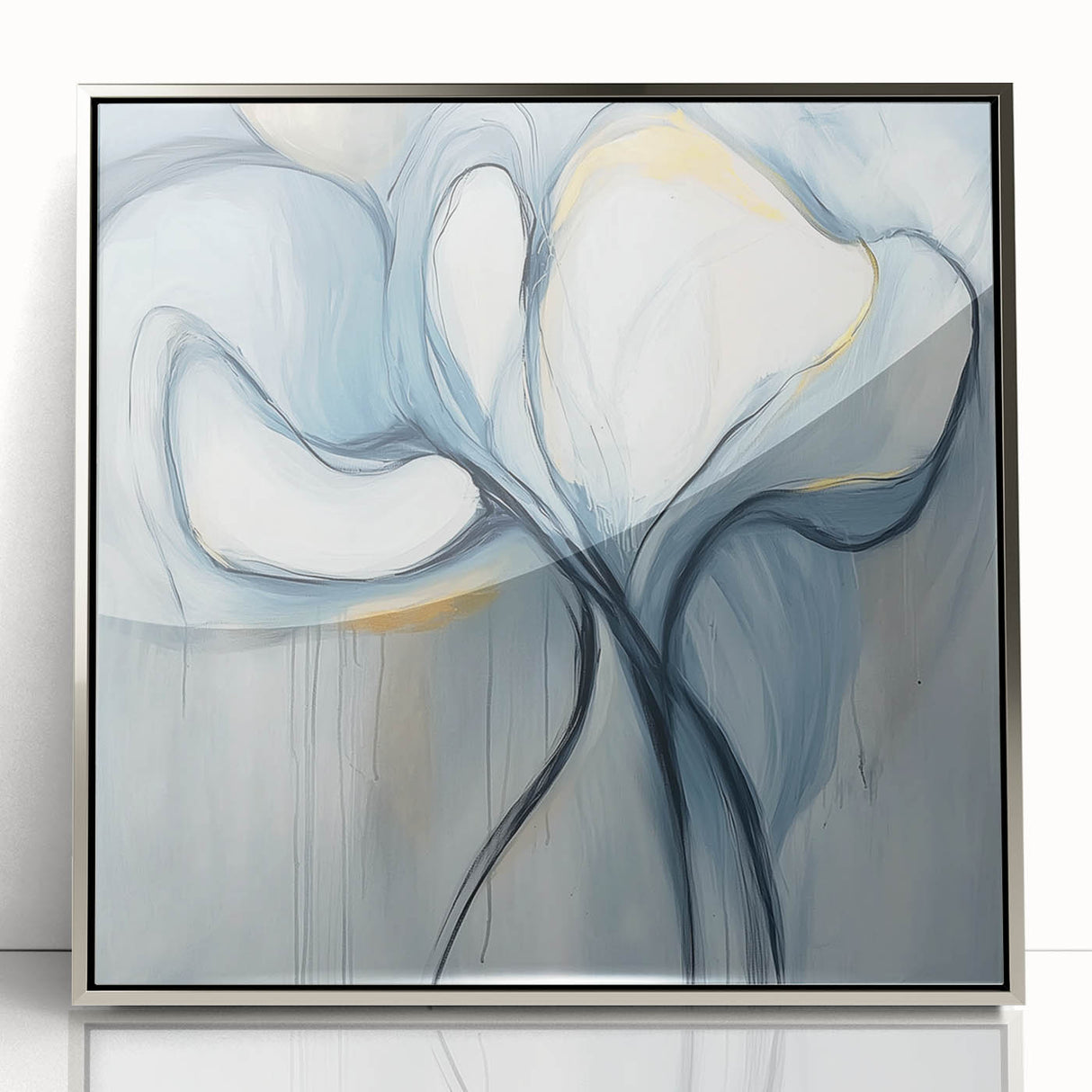 Framed acrylic wall art featuring a minimalist abstract design in silver tones, showcasing a sleek modern aesthetic perfect for contemporary decor.