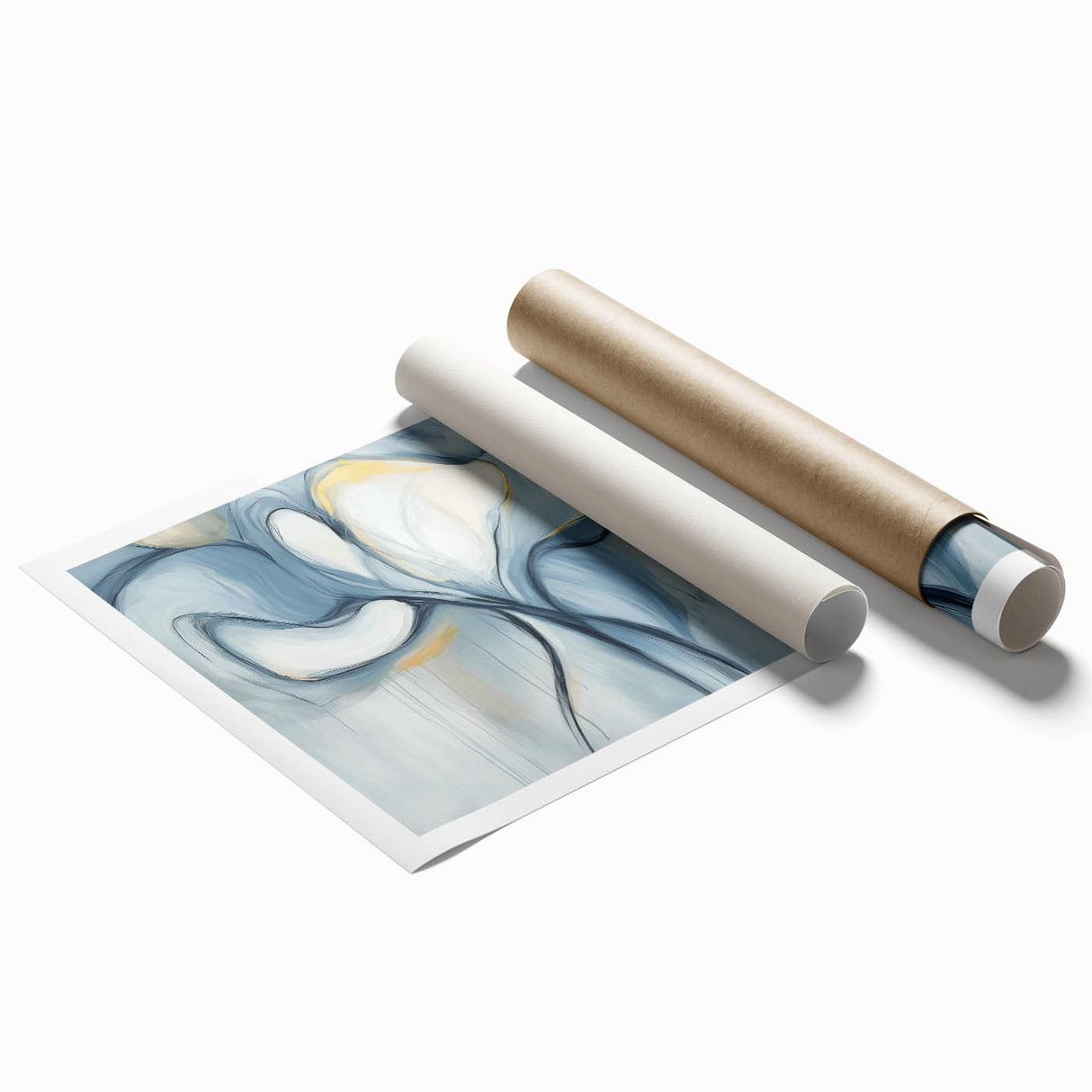 Abstract minimalist rolled print showcasing soft pastel colors and geometric shapes, elegantly packaged in a protective cardboard tube for safe delivery. Ideal for modern decor enthusiasts seeking unique wall art.