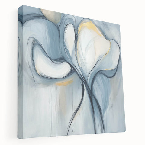 Abstract minimalist stretched canvas artwork showcasing soft pastel colors and geometric patterns, viewed from the side, ideal for modern home decor.