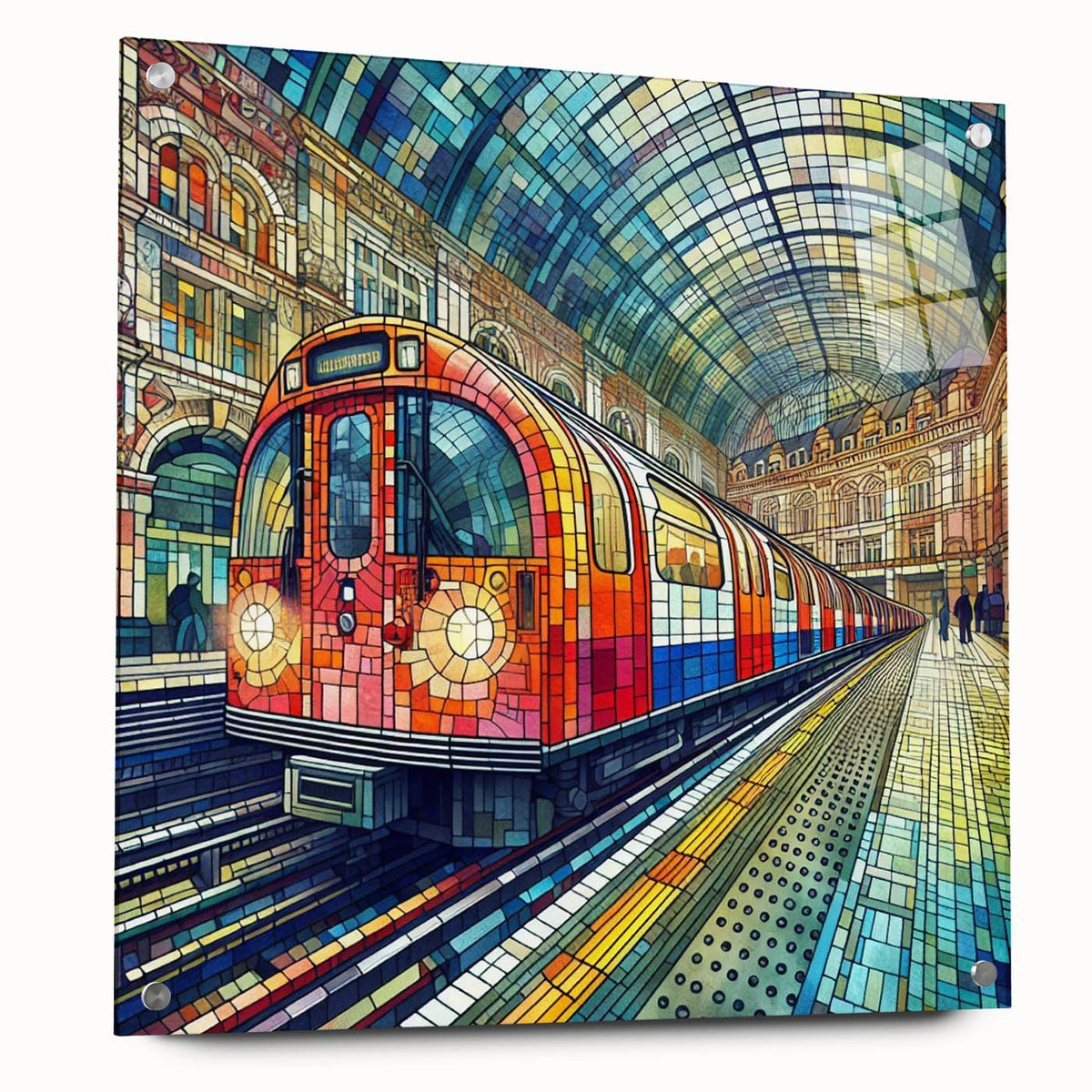 Acrylic print of London scenery with muted blue and gray tones, suitable for dining room decor.