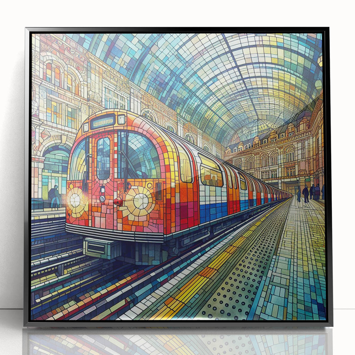 Large abstract wall art depicting London's skyline in muted gray and blue tones on a framed acrylic.