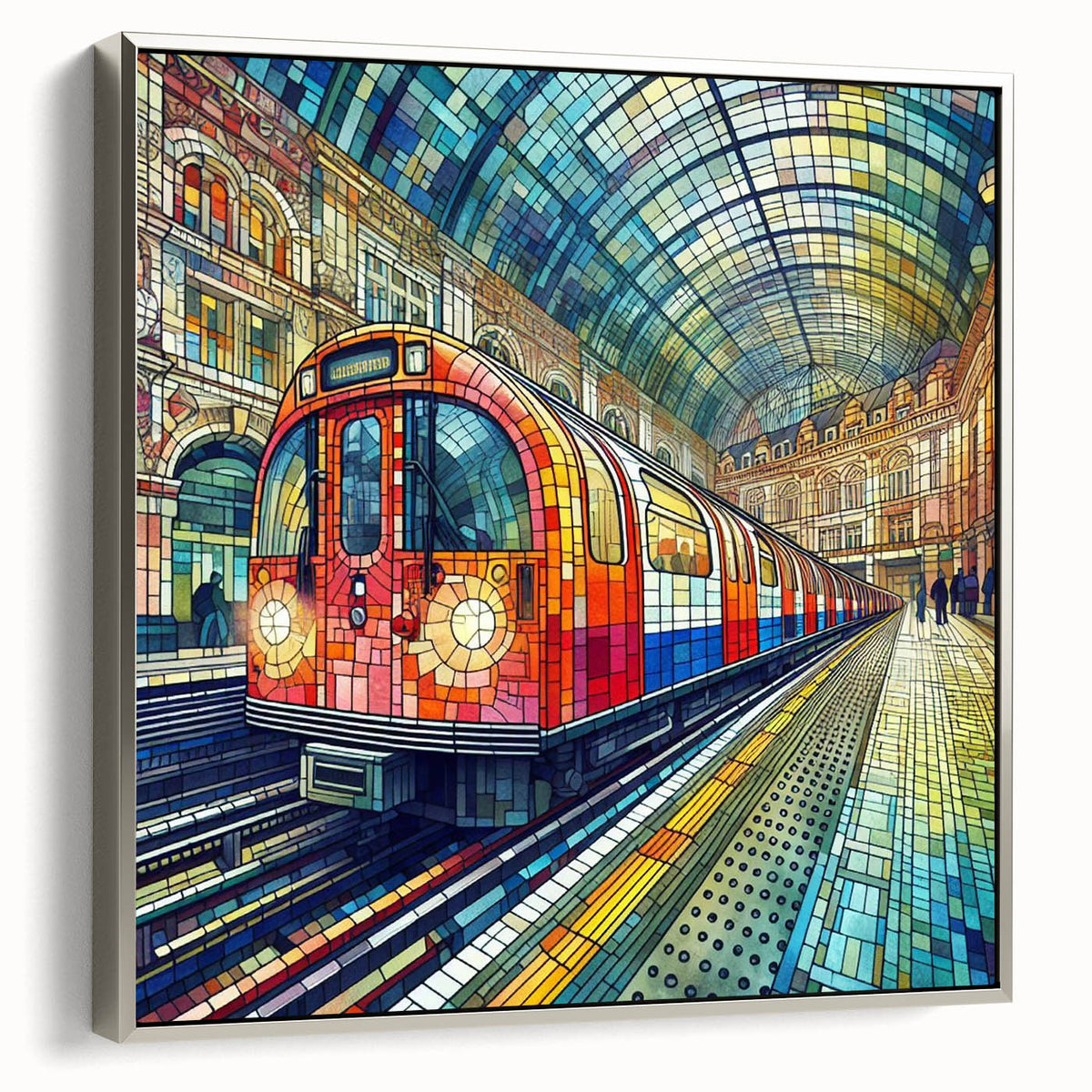 Landscape art painting of London on framed canvas, featuring vintage poster art style with colorful and black elements.