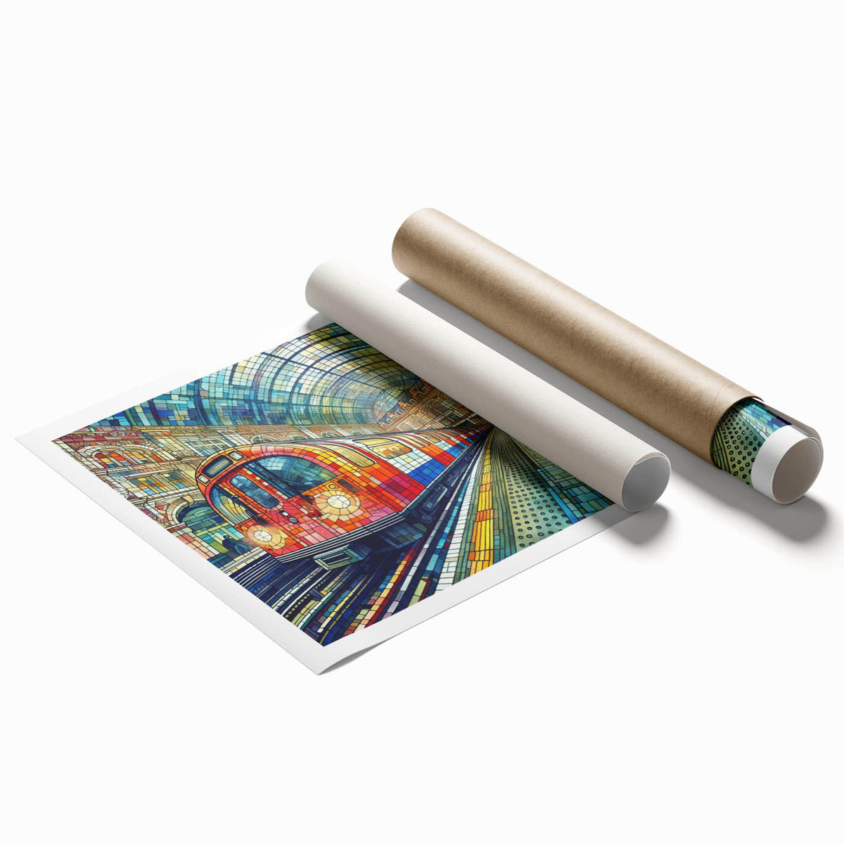 Extra large wall art depicting London scenery in muted watercolor tones on a rolled canvas.