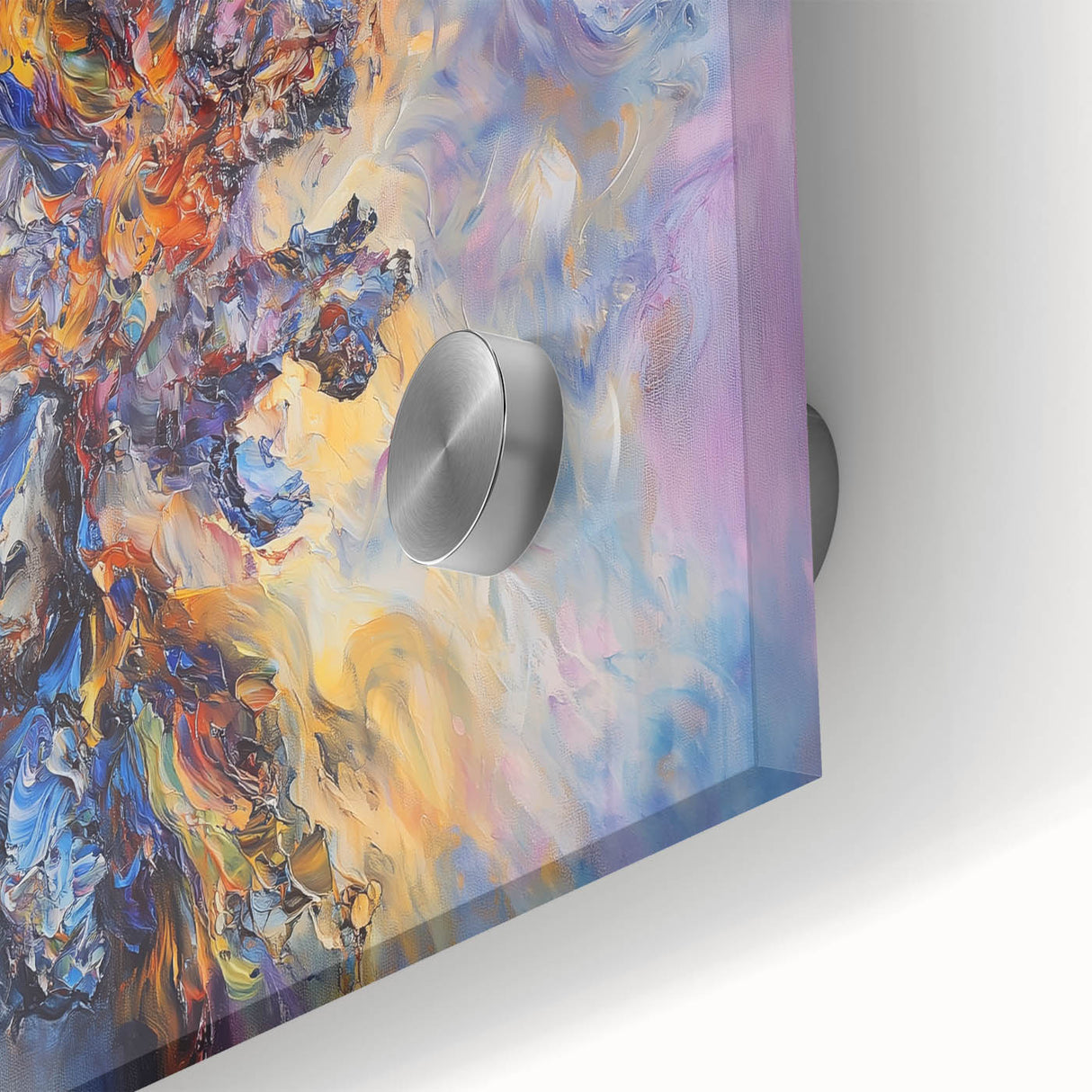 Close-up of an abstract acrylic glass artwork showcasing vibrant splatters in various colors, ideal for modern decor or art enthusiasts. The intricate details highlight the fluid movement and texture of the paint, making it a standout piece for contemporary interior spaces.