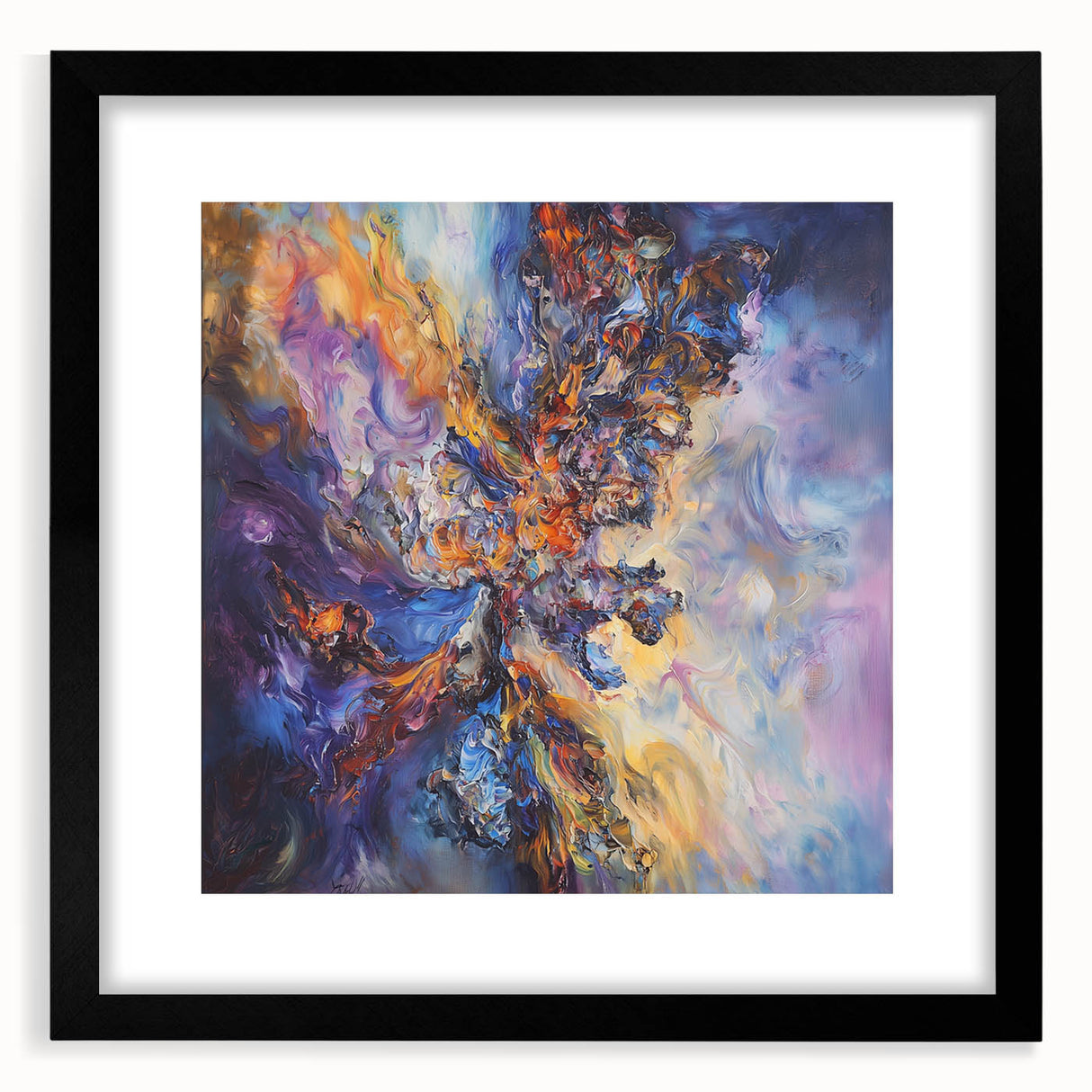 Abstract splatter art frame with a black mat, showcasing vibrant colors and dynamic shapes, ideal for modern decor. Perfect for adding a contemporary touch to any room.
