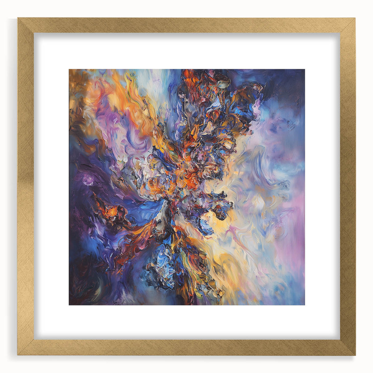 Abstract splatter art frame with a gold mat, showcasing vibrant colors and dynamic patterns, perfect for modern home decor. Ideal for art enthusiasts seeking unique wall accents.
