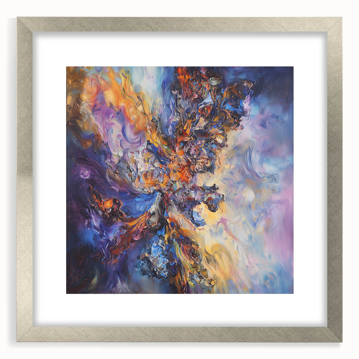 Abstract splatter art frame featuring a silver mat, showcasing vibrant colors and dynamic patterns, ideal for modern home decor or art galleries.