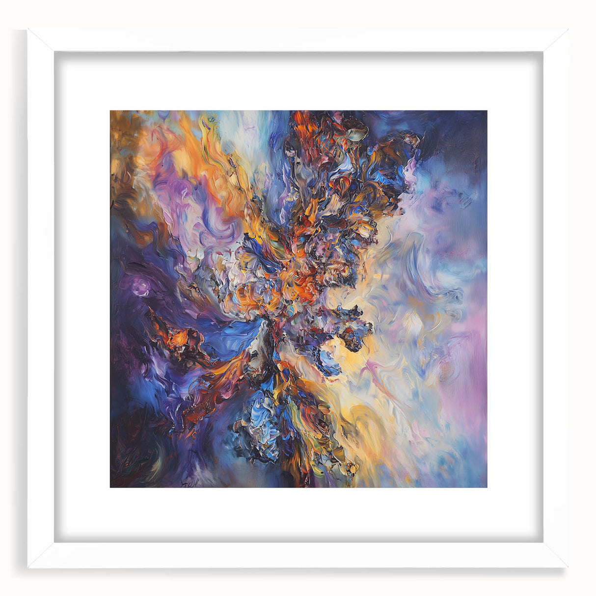 Abstract splatter art frame featuring a white mat and a sleek front view, perfect for modern decor styles. This vibrant design adds a pop of color to any space.