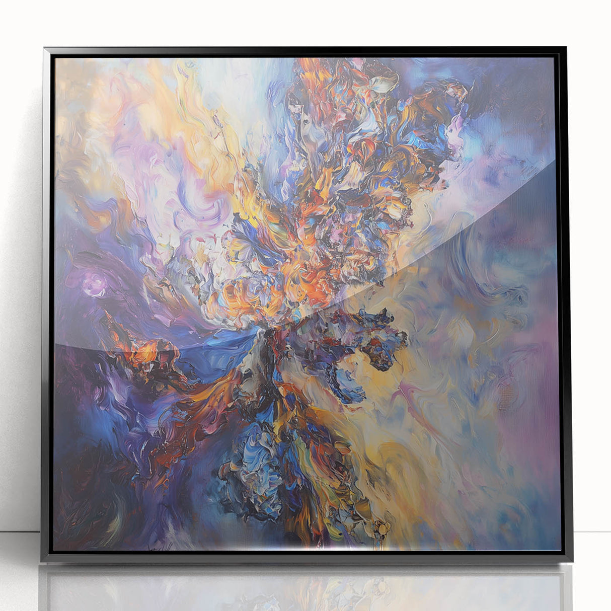 Framed acrylic art piece featuring a vibrant abstract design with colorful splatters on a black background, ideal for modern home decor and artistic expression.