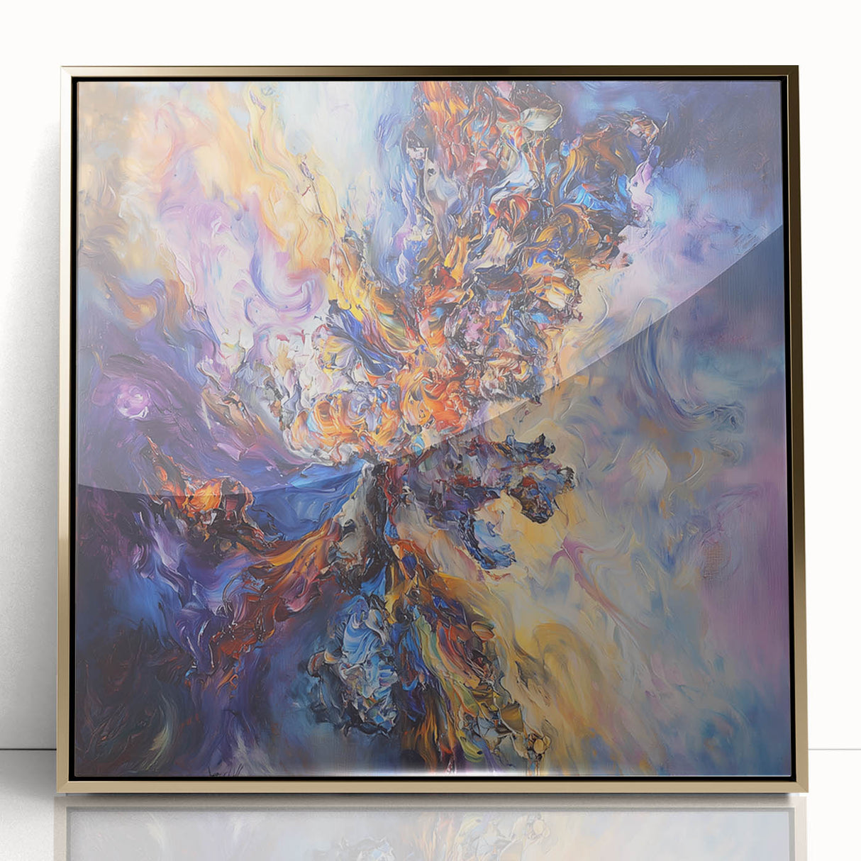 Framed acrylic artwork showcasing abstract splatters in gold and black, set against a sleek white background, perfect for modern home decor or office spaces.