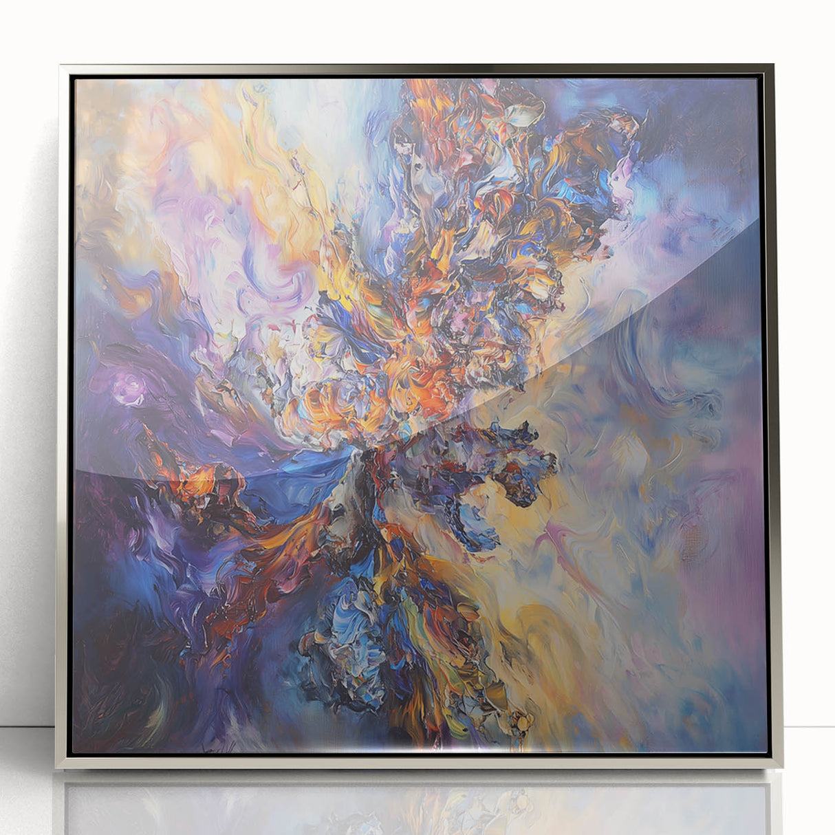 Framed acrylic artwork showcasing a modern abstract design with silver splatters on a black background, ideal for contemporary home decor or office settings.