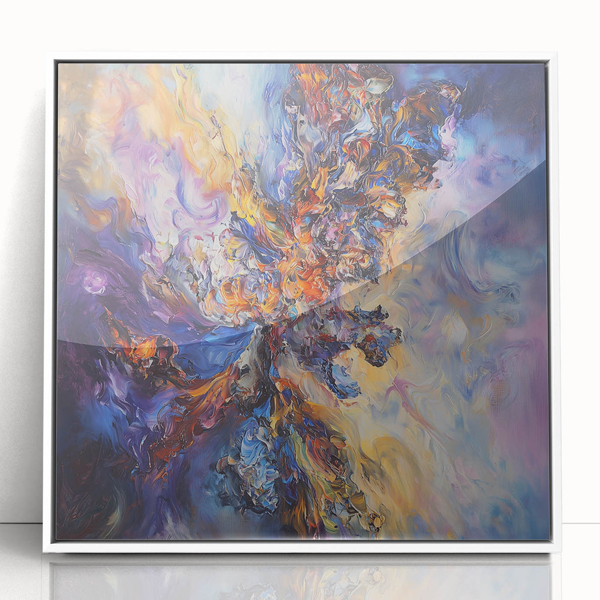 Abstract splatter art print framed in white acrylic, featuring vibrant color bursts and dynamic shapes, ideal for modern home decor and artistic ambiance.