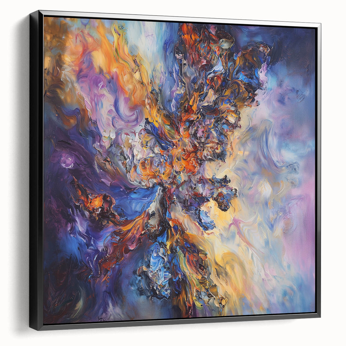 Framed canvas artwork featuring abstract black splatters against a textured background, showcasing a modern design ideal for contemporary home decor. The side view emphasizes the canvas depth, making it a striking focal point for any room.