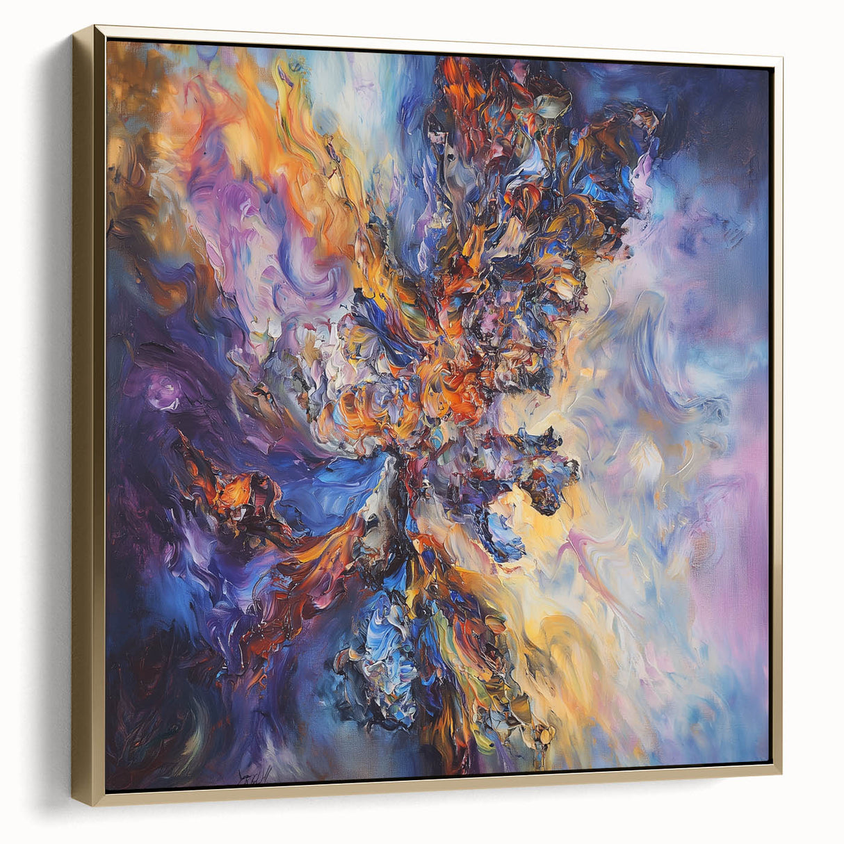 Framed canvas artwork showcasing an abstract design with silver and gold splatters on a textured surface, ideal for modern home decor and stylish interior accents.