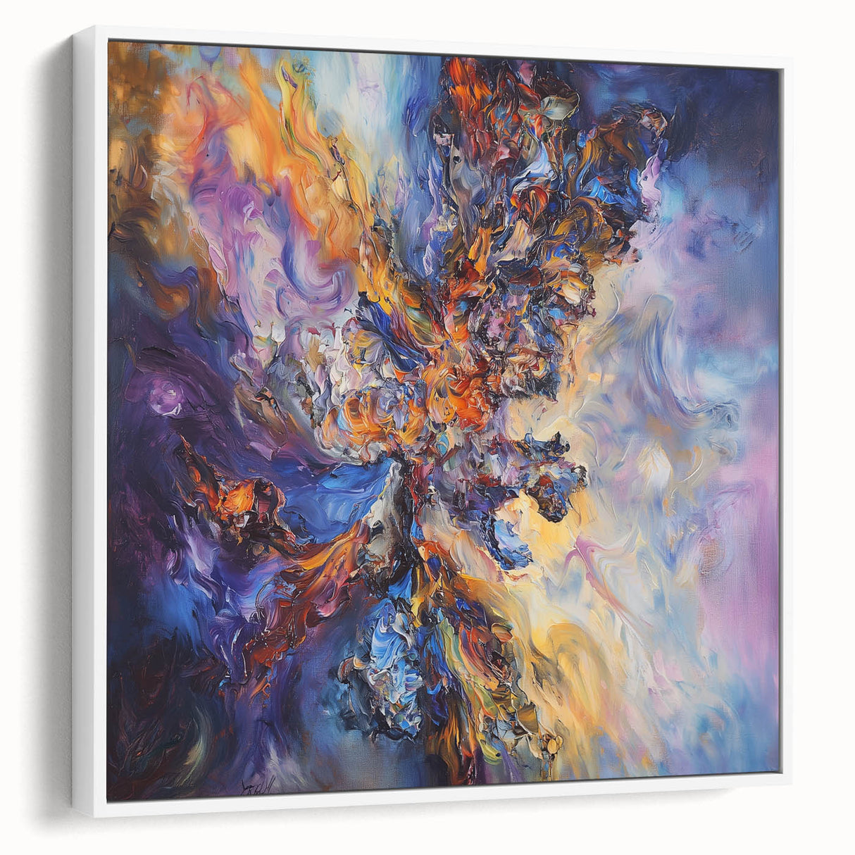 Framed canvas artwork showcasing abstract splatter designs in vibrant colors against a white background, ideal for modern home decor and artistic expression.