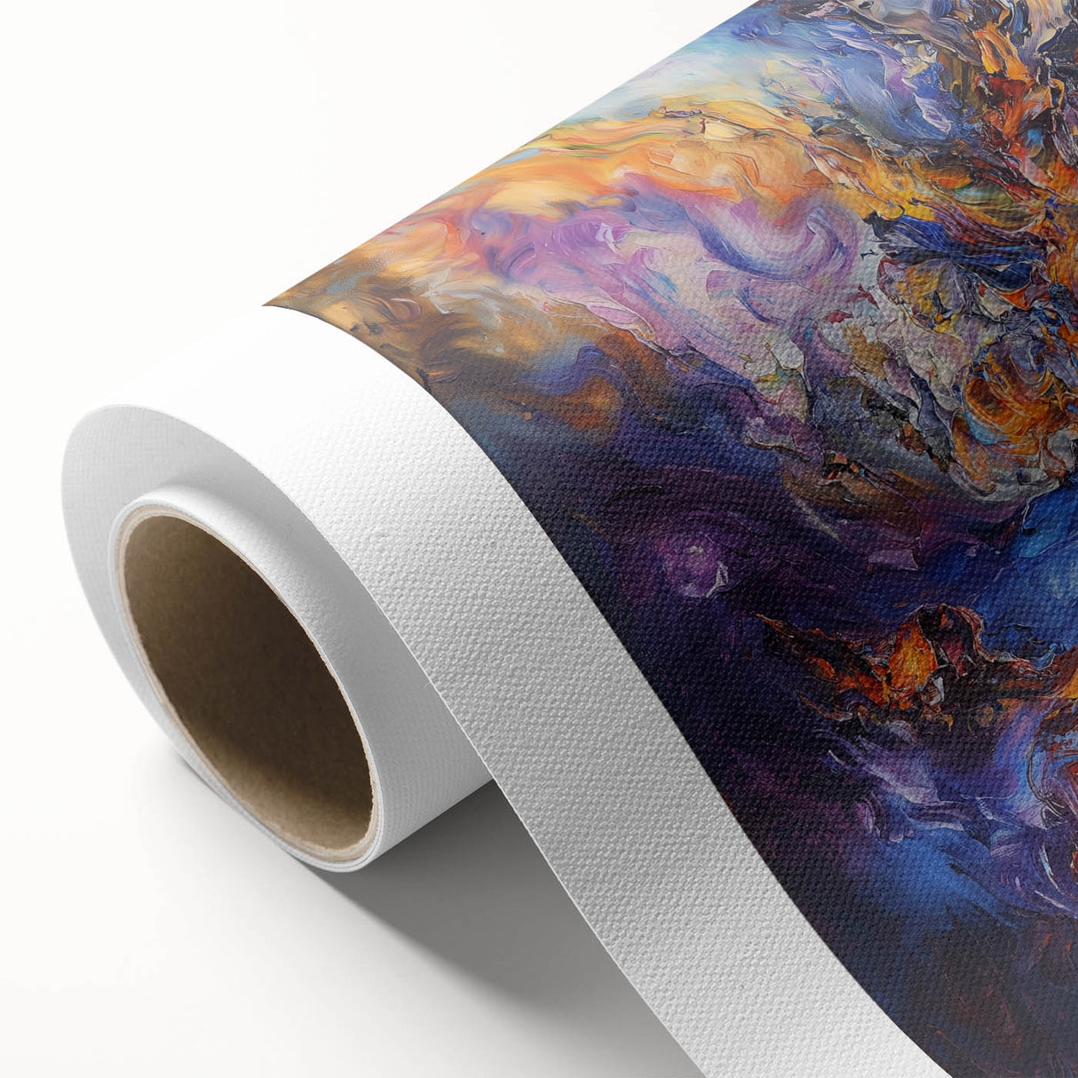 Abstract splatter art on rolled canvas showcasing vibrant colors and dynamic shapes, ideal for modern home decor; packaged securely in a protective tube.