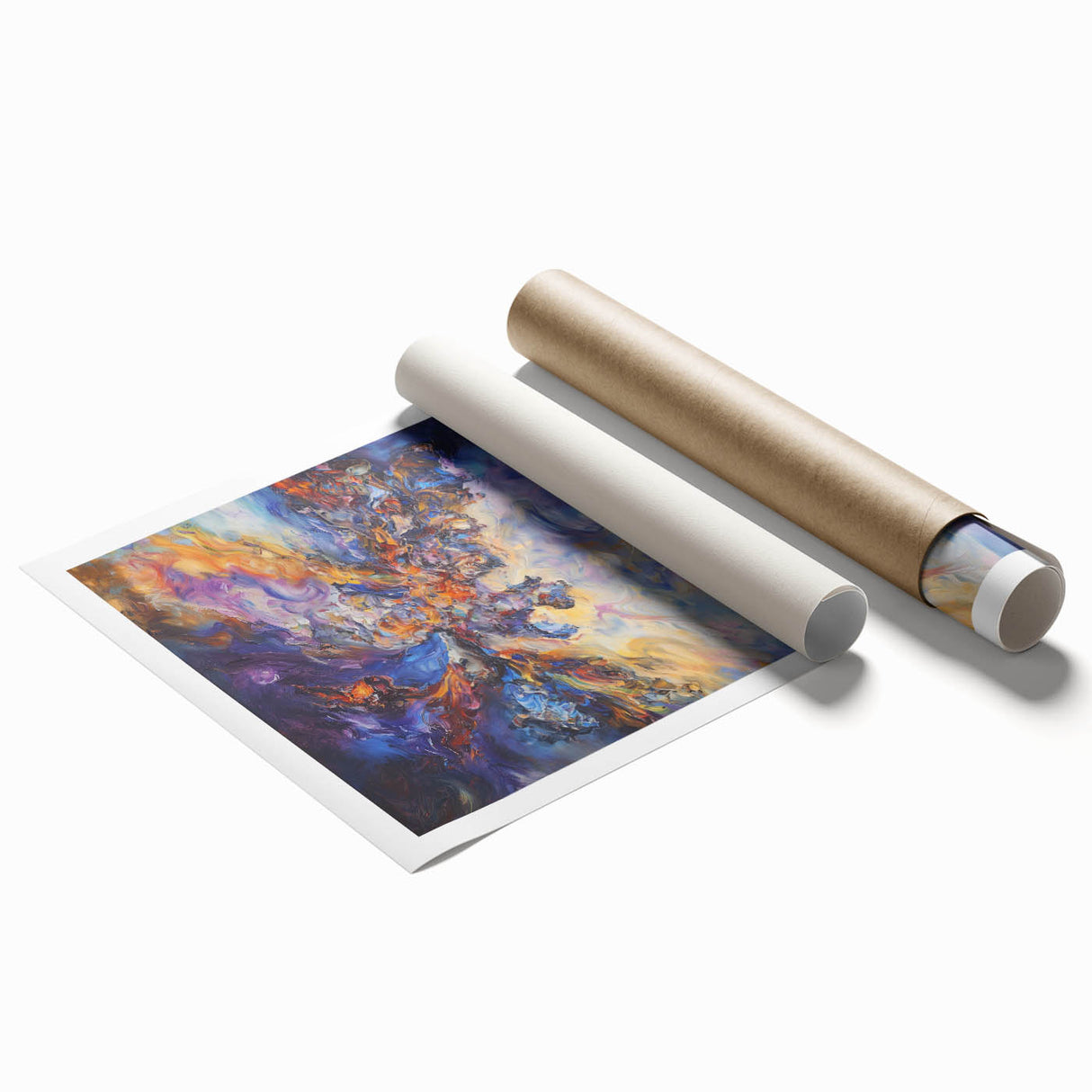 Abstract splatter art print showcasing vibrant colors like blue, yellow, and red, rolled and ready for display, perfect for modern home decor enthusiasts.