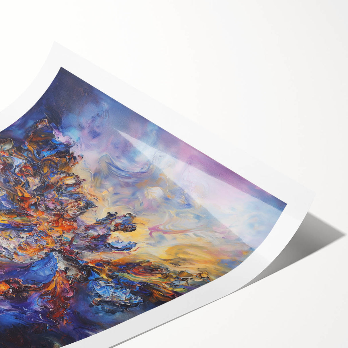 Abstract splatter art print showcasing vibrant colors and dynamic patterns, rolled for easy storage, ideal for modern home decor and artistic spaces.
