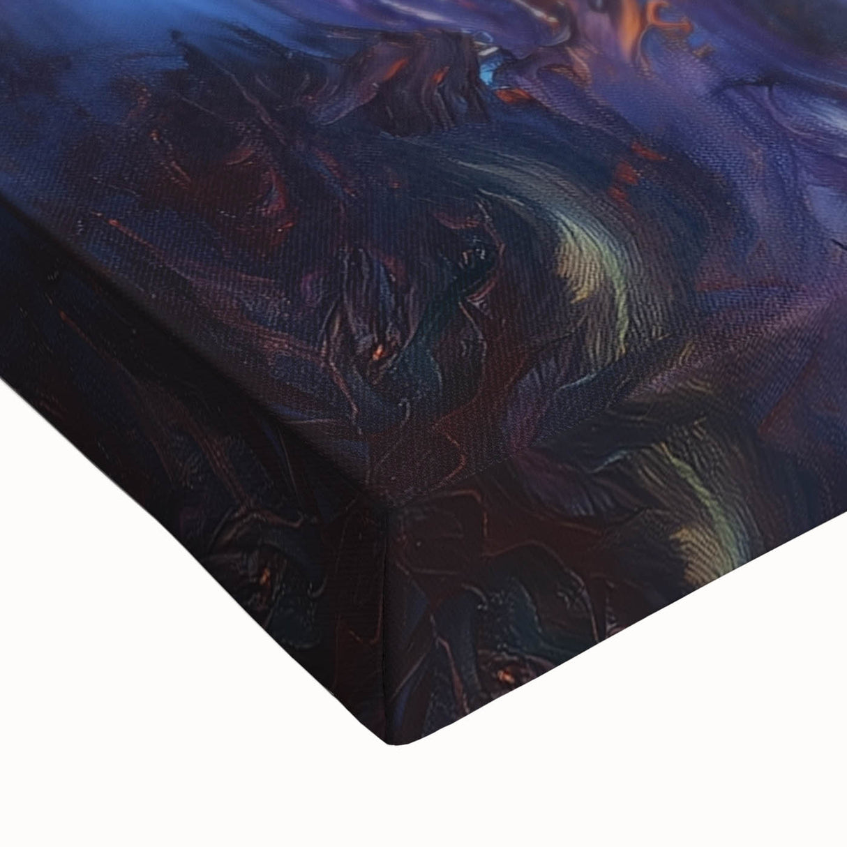 Close-up of an abstract splatter design on stretched canvas, showcasing vibrant colors and dynamic textures, ideal for modern home decor or artistic spaces.